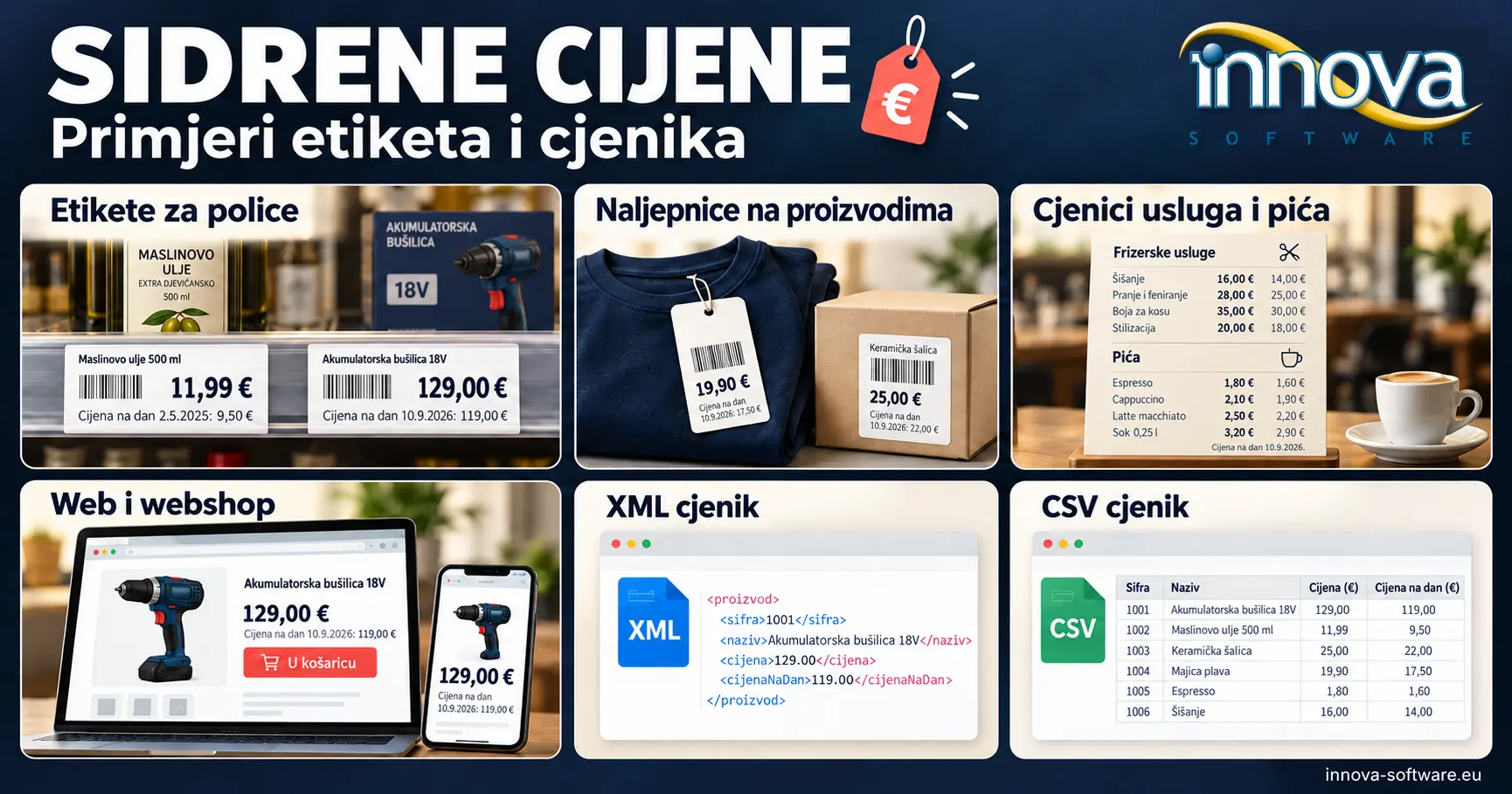 Sidrene cijene – Primjeri etiketa za police trgovina, cjenika usluga i web cjenika (XML/CSV) - Innova SOFTWARE